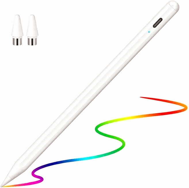 a white pencil with a rainbow colored line